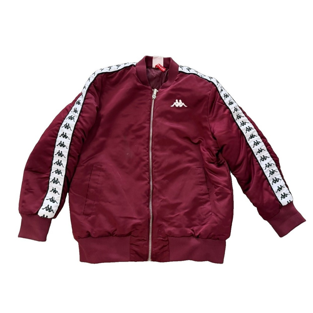 Kappa Burgundy Satin Bomber Jacket Large Logo Tape Sleeve Full Zip L